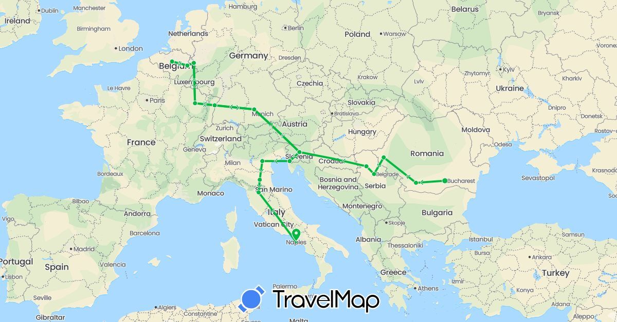 TravelMap itinerary: driving in Austria, Belgium, Germany, Italy, Romania (Europe)
